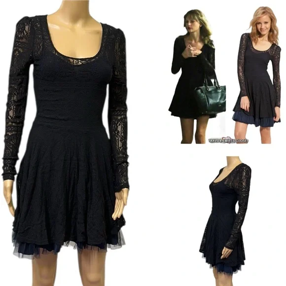 Free People | Dresses | Free People Black Stretch Lace Overlay Long Sleeve  Navy Lined Dress Size Small | Poshmark